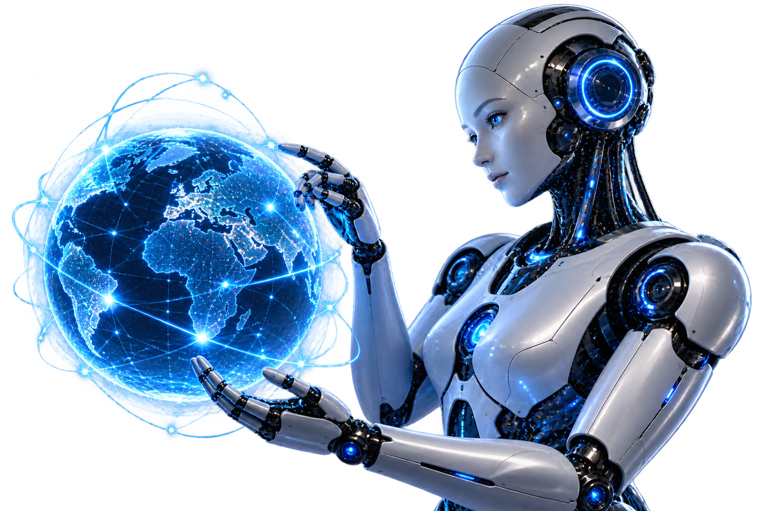 Futuristic AI assistant interacting with a connected digital globe
