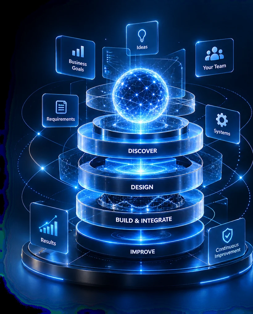 Holographic four stage BQsol delivery system showing discover, design, build and integrate, and improve